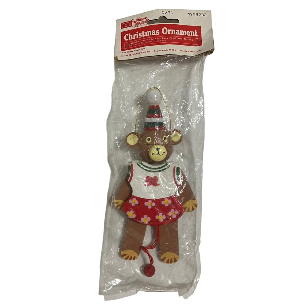 Vintage NEW Wooden Pull String Clown Girl Teddy Bear Christmas Ornament